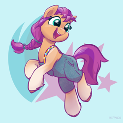 Size: 2048x2048 | Tagged: safe, artist:pfeffaroo, sunny starscout, earth pony, pony, g5, clothes, cutie mark background, female, high res, mare, overalls, smiling, solo