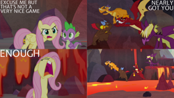 Size: 1280x720 | Tagged: safe, edit, edited screencap, editor:quoterific, screencap, billy, clump, fluttershy, garble, spear (g4), spike, dragon, pegasus, pony, g4, season 9, sweet and smoky, eyes closed, female, lava, male, mare, open mouth, winged spike, wings
