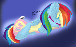 Size: 3378x2096 | Tagged: safe, artist:vinca, rainbow dash, pegasus, pony, g4, backwards cutie mark, female, high res, implied flutterdash, implied lesbian, implied shipping, mare, pillow, pillow hug, sleeping, solo, wings