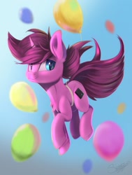 Size: 1280x1693 | Tagged: safe, artist:sketchiix3, oc, oc only, oc:aurorafang, pony, unicorn, balloon, flying, looking at you, party balloon, smiling