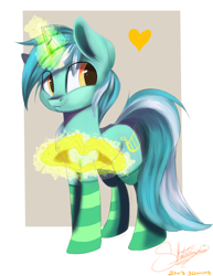 Size: 1448x1874 | Tagged: safe, artist:sketchiix3, lyra heartstrings, pony, unicorn, g4, clothes, glowing horn, hand, heart, horn, magic, magic hands, socks, solo, striped socks