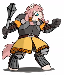 Size: 1200x1403 | Tagged: safe, artist:velgarn, oc, oc only, oc:petra kastamonika, earth pony, anthro, angry, armor, female, freckles, gambeson, jewelry, mace, mare, plate armor, shield mare, simple background, solo, weapon, white background