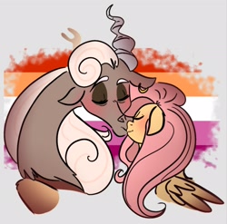 Size: 2048x2025 | Tagged: safe, artist:thechaoticboop, discord, fluttershy, draconequus, pegasus, pony, g4, alternate hairstyle, blushing, ear piercing, earring, eris, female, half r63 shipping, high res, jewelry, kissing, lesbian, lesbian pride flag, piercing, pride, pride flag, pride month, rule 63, shadow, ship:discoshy, ship:erishy, shipping