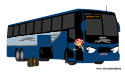 Size: 1024x594 | Tagged: safe, artist:electrahybrida, derpibooru exclusive, sunset shimmer, oc, oc:greyson the greyhound bus, dog, equestria girls, g4, angry, beard, briefcase, bus, door, door opening, facial hair, greyhound, luggage, running, suitcase