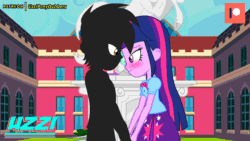 Size: 1000x563 | Tagged: safe, artist:uzzi-ponydubberx, twilight sparkle, oc, oc:generic messy hair anime anon, horse, equestria girls, g4, absurd file size, absurd gif size, animated, anonymous, blushing, canon x oc, canterlot high, cute, duo, exterior, eyes closed, female, gif, happy, holding hands, kiss on the lips, kissing, kissy face, love, mystery, patreon, patreon logo, perfect loop, public, sad, shadow, silhouette, smiling, surprise kiss, surprised