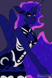 Size: 720x1080 | Tagged: safe, artist:kanashimi, princess luna, alicorn, anthro, g4, boob window, breasts, clothes, female, halloween, holiday, one-piece swimsuit, princess, sketch, solo, swimsuit