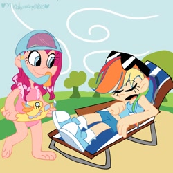 Size: 1000x1000 | Tagged: safe, artist:mirabuncupcakes15, pinkie pie, rainbow dash, human, g4, too many pinkie pies, alternate hairstyle, barefoot, beach chair, chair, clothes, converse, eyes closed, feet, female, floaty, humanized, open mouth, shoes, shorts, snorkel, socks, sunglasses, swimsuit, tank top, tree, wet, wet hair