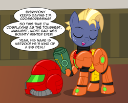 Size: 2459x1975 | Tagged: safe, artist:badumsquish, derpibooru exclusive, star tracker, earth pony, pony, g4, arm cannon, clothes, cosplay, costume, critical research failure, crossdressing, crossover, crossplay, cute, dialogue, eyes closed, freckles, helmet, male, metroid, oops, power suit, raised hoof, samus aran, show accurate, smiling, smug, solo, starcrossed, talking to viewer, this will end in tears, trackerbetes