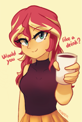 Size: 539x795 | Tagged: safe, artist:maren, sunset shimmer, equestria girls, g4, bronybait, looking at you, simple background, solo, talking to viewer, yellow background