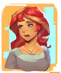 Size: 1546x1837 | Tagged: safe, artist:vanillaghosties, sunset shimmer, equestria girls, g4, abstract background, bust, open mouth, portrait, raised eyebrow, solo