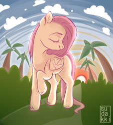 Size: 2000x2200 | Tagged: safe, artist:dikkaa, fluttershy, pegasus, pony, g4, cloud, eyes closed, female, high res, signature, solo, sunset