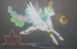 Size: 700x442 | Tagged: safe, artist:dany-the-hell-fox, princess celestia, alicorn, pony, g4, alternate hairstyle, ball, beach, bracelet, eyes closed, jewelry, magic, necklace, ponytail, sandcastle, solo, telekinesis, tongue out, traditional art, water