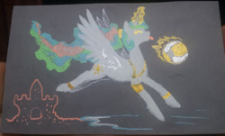 Size: 700x424 | Tagged: safe, alternate version, artist:dany-the-hell-fox, princess celestia, alicorn, pony, g4, alternate hairstyle, ball, beach, bracelet, eyes closed, jewelry, magic, necklace, ponytail, sandcastle, solo, telekinesis, tongue out, traditional art, water