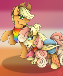 Size: 2500x3000 | Tagged: safe, artist:thelifeoncloud9, applejack, oc, oc:pina colada (ice1517), earth pony, pony, icey-verse, g4, applejack's hat, bandana, clothes, commission, cowboy hat, duo, female, freckles, gay pride flag, grin, hat, high res, lesbian pride flag, magical lesbian spawn, mare, markings, mother and child, mother and daughter, offspring, open mouth, parent:applejack, parent:strawberry sunrise, parents:applerise, pride, pride flag, pride month, raised hoof, rearing, shirt, shorts, smiling, socks, stockings, thigh highs, ych result