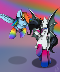 Size: 2500x3000 | Tagged: safe, artist:thelifeoncloud9, rainbow dash, oc, oc:moon glider, bat pony, pegasus, pony, icey-verse, g4, bat pony oc, bisexual pride flag, clothes, commission, duo, ear piercing, earring, female, flying, gay pride flag, grin, high res, jewelry, looking at each other, male, mare, mother and child, mother and son, piercing, pride, pride flag, pride month, pride socks, rainbow socks, raised hoof, smiling, socks, stallion, striped socks, sunglasses, tattoo, ych result