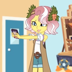 Size: 719x719 | Tagged: safe, screencap, vignette valencia, equestria girls, equestria girls specials, g4, my little pony equestria girls: better together, my little pony equestria girls: rollercoaster of friendship, cellphone, cute, female, flower, flower in hair, happy, phone, smartphone, solo, valenciadorable
