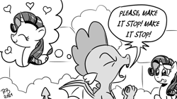 Size: 1200x675 | Tagged: safe, artist:pony-berserker, rarity, spike, dragon, pony, unicorn, pony-berserker's twitter sketches, g4, eyes closed, female, heart, male, open mouth, ponyville, ship:sparity, shipping, straight, thought bubble, winged spike, wings, yelling