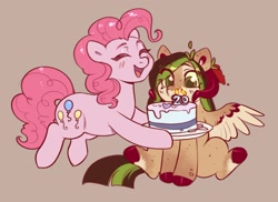 Size: 1882x1373 | Tagged: safe, artist:helemaranth, pinkie pie, oc, oc:helemaranth, earth pony, pegasus, pony, g4, birthday cake, cake, food