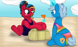 Size: 5030x3030 | Tagged: safe, artist:small-brooke1998, pegasus, pony, unicorn, beachday, chromia, clothes, swimsuit, windblade