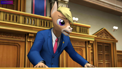 Size: 3840x2160 | Tagged: safe, alternate version, artist:antonsfms, oc, oc only, oc:nickyequeen, donkey, anthro, 3d, ace attorney, alternate universe, angry, anthro oc, attorney, badge, banner, clothes, commission, commissioner:nickyequeen, court, courtroom, crossover, desk, donkey oc, formal attire, formal wear, hand on hip, high res, image set, leaning, looking up, male, nickywright, phoenix wright, solo, source filmmaker, suit