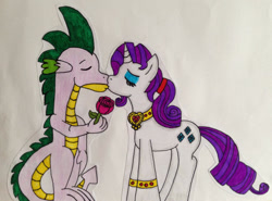 Size: 1024x759 | Tagged: safe, artist:dragonpriness, rarity, spike, dragon, pony, unicorn, g4, clothes, dress, female, flower, kiss on the lips, kissing, male, older, older spike, rose, ship:sparity, shipping, straight, traditional art