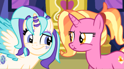 Size: 1339x746 | Tagged: safe, artist:jadeharmony, artist:karmasociety, luster dawn, oc, oc:glowing dawn, alicorn, pony, unicorn, g4, the last problem, alicorn oc, base used, duo, duo female, eyeshadow, female, horn, jealous, looking at each other, magical lesbian spawn, makeup, mare, markings, offspring, parent:starlight glimmer, parent:sunset shimmer, parents:shimmerglimmer, siblings, sisters, smug, u mad, wings