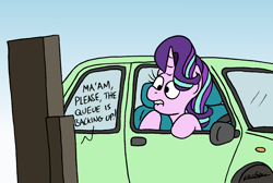 Size: 2000x1343 | Tagged: safe, artist:bobthedalek, starlight glimmer, pony, unicorn, g4, atg 2021, car, drive thru, female, indecision, lip bite, mare, newbie artist training grounds, offscreen character, solo