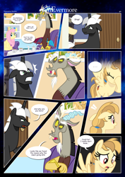 Size: 3259x4607 | Tagged: safe, artist:estories, discord, fluttershy, oc, oc:alice goldenfeather, oc:möbius, draconequus, earth pony, pegasus, pony, unicorn, comic:nevermore, g4, angry, book, bookshelf, clothes, comic, couch, cup, cushion, cute, dialogue, female, horn, male, mare, pegasus oc, siblings, speech bubble, stallion, table, tea kettle, teacup, unicorn oc, wings