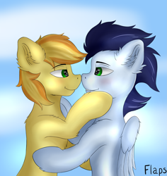 Size: 2199x2334 | Tagged: safe, artist:flapstune, braeburn, soarin', earth pony, pegasus, pony, g4, ear fluff, feathered wings, fluffy, gay, green eyes, high res, hug, looking at each other, male, ship:soarburn, shipping, signature, sky, smiling, smiling at each other, stallion, stallion on stallion, teeth, wings