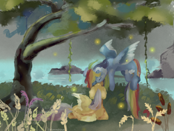 Size: 6100x4600 | Tagged: safe, artist:colorbrush, fluttershy, rainbow dash, firefly (insect), insect, pegasus, pony, g4, cattails, evening, eyes closed, female, flying, grass, kissing, lesbian, lying down, mare, night, nuzzling, one wing out, outdoors, reeds, ship:flutterdash, shipping, spread wings, tree, two toned wings, under the tree, vine, water, wings