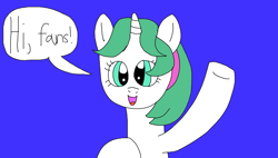 Size: 2289x1297 | Tagged: safe, artist:yorkyloves, gusty, pony, unicorn, g1, g4, cute, female, g1 to g4, generation leap, gustybetes, mare, open mouth, open smile, purple background, simple background, smiling, solo, speech bubble, talking, waving