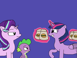 Size: 1500x1125 | Tagged: safe, artist:blazewing, spike, starlight glimmer, twilight sparkle, alicorn, dragon, pony, unicorn, g4, atg 2021, burger, colored background, drawpile, fast food, food, grin, hay burger, levitation, magic, newbie artist training grounds, paper bag, raised hoof, sheepish grin, smiling, spike is not amused, starlight glimmer is not amused, telekinesis, that pony sure does love burgers, twilight burgkle, twilight sparkle (alicorn), unamused, winged spike, wings