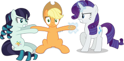 Size: 7067x3463 | Tagged: safe, artist:starcollider, applejack, coloratura, rarity, earth pony, pony, unicorn, g4, absurd resolution, angry, applejack gets all the mares, atg 2021, coloratura is not amused, female, gritted teeth, jealous, lesbian, love triangle, magic, magic aura, mare, newbie artist training grounds, raised hoof, rarijack vs rarajack, rarity is not amused, ship:rarajack, ship:rarararara, ship:rarijack, shipping, shipping war, show accurate, shrunken pupils, simple background, telekinesis, transparent background, trio, trio female, tug of war, tugging, unamused, vector