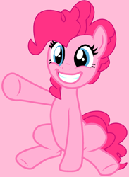 Size: 1250x1706 | Tagged: safe, artist:jadeharmony, artist:sugar-sugar-bases, pinkie pie, earth pony, pony, g4, base used, female, grin, mare, pink background, pointing, raised hoof, simple background, sitting, smiling, solo