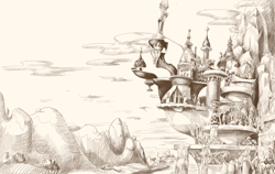 Size: 3000x1901 | Tagged: safe, artist:musical ray, building, canterlot, castle, cloud, hatching (technique), hill, monochrome, mountain, no pony, outdoors, scenery, tower, waterfall