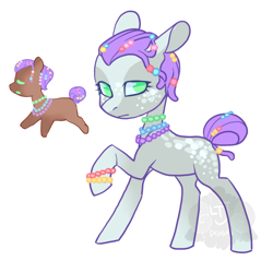 Size: 700x700 | Tagged: safe, artist:lavvythejackalope, oc, oc only, earth pony, food pony, pony, bracelet, cookie, duo, earth pony oc, female, food, horn, jewelry, mare, ponified, raised hoof, simple background, white background