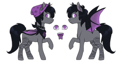 Size: 1200x600 | Tagged: safe, artist:lavvythejackalope, oc, oc only, bat pony, pony, bat pony oc, beanie, choker, duo, forked tongue, hat, male, raised hoof, simple background, spiked choker, stallion, starry wings, tongue out, transparent background, wings