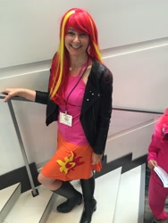 Size: 1536x2048 | Tagged: safe, sunset shimmer, human, g4, babscon, babscon 2016, boots, clothes, cosplay, costume, female, irl, irl human, jacket, jewelry, leather jacket, meta, necklace, photo, shoes