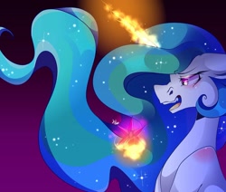 Size: 1080x915 | Tagged: safe, artist:tessa_key_, princess celestia, alicorn, pony, g4, bust, corrupted, crystal, ethereal mane, eyelashes, female, glowing horn, gradient background, horn, magic, mare, open mouth, smiling, starry mane, telekinesis, wings