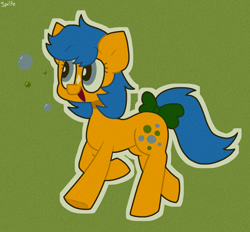 Size: 1904x1764 | Tagged: safe, artist:spritecranbirdie, bubbles (g1), earth pony, pony, g1, blue mane, blue tail, bow, bubble, coat markings, cutie mark, facial markings, female, green background, simple background, solo, star (coat marking), tail bow, white outline