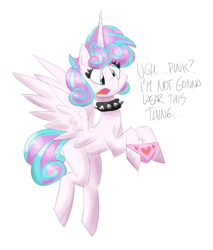 Size: 2547x2986 | Tagged: safe, artist:flutterthrash, princess flurry heart, alicorn, pony, g4, choker, clothes, dialogue, flying, heart, heart print underwear, high res, holding panties, older, older flurry heart, panties, pink underwear, princess emo heart, solo, spiked choker, underwear, we don't normally wear clothes