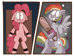 Size: 4734x3621 | Tagged: safe, artist:spritecranbirdie, pinkie pie, rainbow dash, earth pony, pegasus, pony, fanfic:cupcakes, g4, alternate hairstyle, alternate universe, belly button, bipedal, chainsaw, cutie mark, dashamena, duo, female, imminent death, in soviet russia, insanity, karma, payback's a bitch, restrained, revenge, role reversal, straight hair, the tables have turned, this will end in death, this will end in tears, this will end in tears and/or death