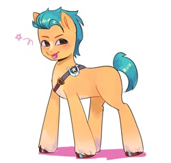Size: 1263x1200 | Tagged: safe, artist:xxk1ttyl1tterxx, hitch trailblazer, earth pony, pony, g5, blaze (coat marking), blushing, coat markings, cute, facial markings, hitchbetes, looking at you, male, pale belly, sash, shadow, simple background, socks (coat markings), solo, stallion, stars, tongue out, unshorn fetlocks, white background