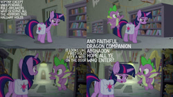 Size: 1280x720 | Tagged: safe, edit, edited screencap, editor:quoterific, screencap, spike, twilight sparkle, alicorn, dragon, pony, g4, season 9, the point of no return, bag, duo, female, flying, male, mare, open mouth, saddle bag, twilight sparkle (alicorn), winged spike, wings