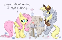Size: 1600x1032 | Tagged: safe, artist:nedemai, derpy hooves, fluttershy, pegasus, pony, g4, atg 2021, chest fluff, cute, dialogue, duo, duo female, female, mail, mailbox, mailmare, newbie artist training grounds, package, thousand yard stare