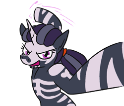 Size: 747x636 | Tagged: safe, artist:jargon scott, oc, oc only, oc:nyxzala, hybrid, pony, unicorn, zony, female, filly, imminent punch, looking at you, magical lesbian spawn, offscreen character, offspring, parent:oc:nyx, parent:oc:zala, parents:oc x oc, pov, simple background, solo, this will end in pain, white background