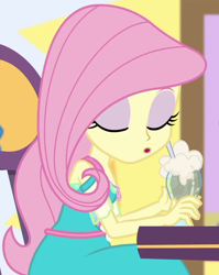 Size: 756x951 | Tagged: safe, screencap, fluttershy, dashing through the mall, equestria girls, equestria girls specials, g4, my little pony equestria girls: better together, my little pony equestria girls: holidays unwrapped, :o, cropped, cute, drink, drinking straw, eyes closed, eyeshadow, female, food, geode of fauna, ice cream, ice cream soda, magical geodes, makeup, open mouth, shyabetes