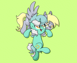 Size: 4259x3479 | Tagged: safe, artist:background basset, derpy hooves, lyra heartstrings, pegasus, pony, unicorn, g4, carrying, duo, duo female, female, flying, grin, open mouth, open smile, simple background, smiling