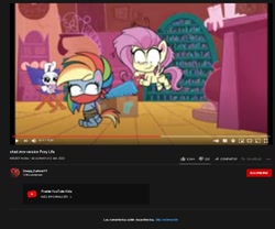 Size: 670x558 | Tagged: dead source, safe, artist:mycreepyponycartoon, edit, edited screencap, screencap, fluttershy, rainbow dash, pegasus, pony, .mov, shed.mov, g4.5, my little pony: pony life, unboxing day, abuse, bondage, bound and gagged, cloth gag, coppa, duo, duo female, female, fluttershy's cottage, flying, gag, over the nose gag, saw, spanish, wavy mouth, wtf, you had one job, you know for kids, youtube
