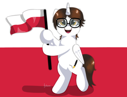 Size: 1570x1200 | Tagged: source needed, safe, artist:julie25609, oc, oc only, alicorn, pony, bipedal, commission, flag, glasses, holding a flag, male, poland, smiling, solo, stallion, ych result